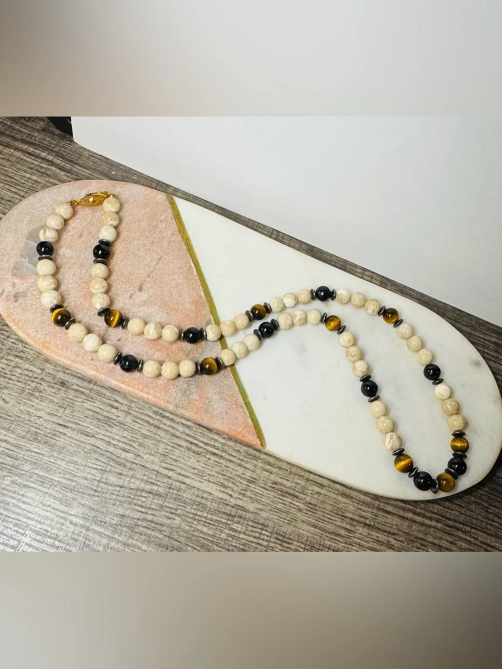 Tiger Eye & Cream Marble Bead Necklace Earth Tone Statement 22-23" - Picture 2 of 5